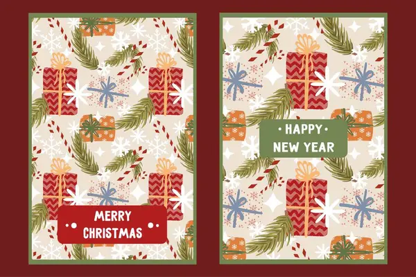 Hediyeler, köknar dalları, kar taneleri, şeker kamışları ve daha fazla kar tanelerinin yer aldığı bir Noel ve Yeni Yıl tebrik kartı koleksiyonu.