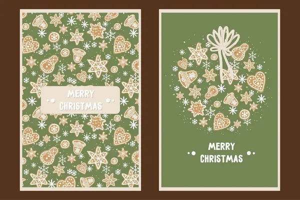 İçinde zencefilli ekmek ve kar taneleri olan Noel ve Yeni Yıl tebrik kartları koleksiyonu..