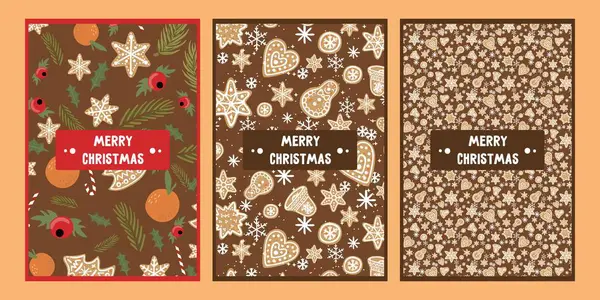 İçinde zencefilli ekmek, portakal, köknar dalları, kar taneleri, hediyeler ve daha fazla kar taneleri bulunan Noel ve Yeni Yıl tebrik kartları koleksiyonu..