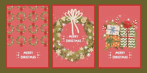 İçinde çelenkler, hediyeler ve kar taneleri bulunan Noel ve Yeni Yıl tebrik kartları koleksiyonu..