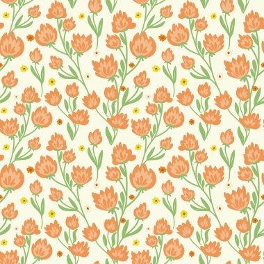 Yazdır. Tarlalarda çiçekler ve kulaklar bulunan zarif çiçeksiz desenler. Paketleme, tekstil, kumaş, örtü ve daha fazlası için mükemmel.