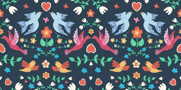 Kuşlar ve çiçeklerle el çizimi, pürüzsüz desen. Romantik tasarım için mükemmel.