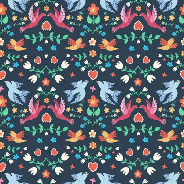Kuşlar ve çiçeklerle el çizimi, pürüzsüz desen. Romantik tasarım için mükemmel.