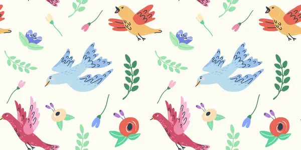 Kuşlar ve çiçeklerle el çizimi, pürüzsüz desen. Romantik tasarım için mükemmel.