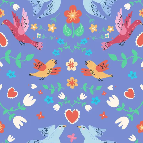 Kuşlar ve çiçeklerle el çizimi, pürüzsüz desen. Romantik tasarım için mükemmel.