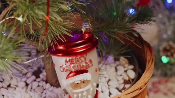 和圣诞老人喝一杯 并贴上圣诞快乐的标签 萤火虫 蜡烛和圣诞树玩具装饰 新年及圣诞节 — 图库视频影像