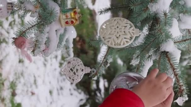 2024年的象征 女孩在公园里装饰着一棵被雪覆盖的圣诞树 圣诞快乐 新年快乐 和Sants Claus一起喝咖啡天然的 活的蓝色云杉装饰玩具 — 图库视频影像