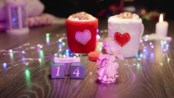 Szent Valentin Nap Videokártya Forró Csokis Kakaóitallal Mályvacukorral Hangulatos Hangulat — Stock videók