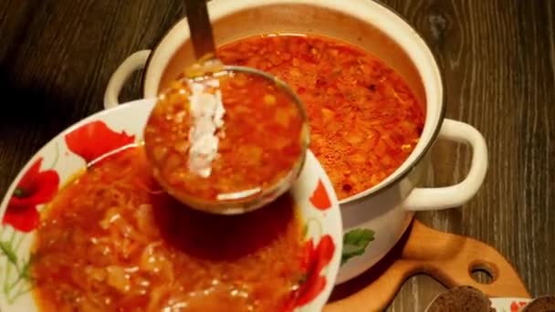 Home Cooking Woman Hand Pours Delicious Borscht Next Bacon Onions — Stock Video
