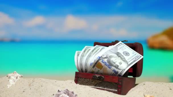 Copy Space Beautiful Sea Coast Beach Chest Dollars Money Vacation — Stock Video