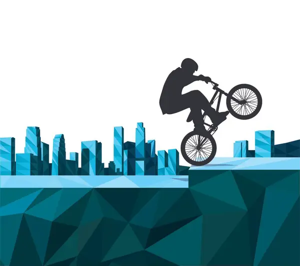 Uzayı kopyala Bir BMX bisikletçisi yerçekimine meydan okuyarak, adrenalin salgılayan bir beceri ve stil gösterisi yaparak çene düşüren numaralar yapar. Vektör çokgeni.