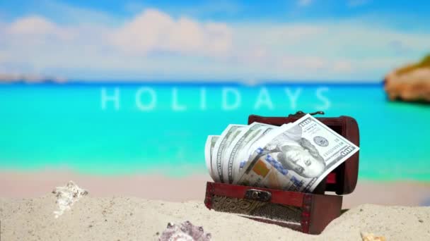 休日のためのお金休憩 クレジット ミルク 美しいビーチ 休暇のためのUsdドルのお金のチェスト ヨーロッパのリゾートでの休暇 海岸のアゼルバイジャン水 — ストック動画