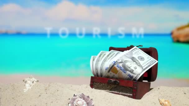 Dinheiro Para Turismo Crédito Retirada Mlm Bela Praia Mar Peito — Vídeo de Stock