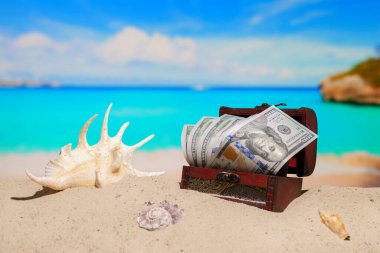 Uzayı kopyala Güzel deniz kıyısı tropik plajı. Tatil ve tatil için Amerikan Doları ile dolu sandık. Tropik tatil beldesinde tatil. Kıyıdaki gök mavisi suyu. Güzel kabuk.