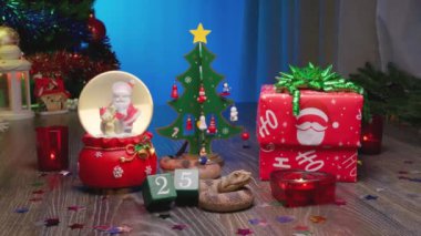 Yılan - Çin Ay takviminde 2025 Yılın Sembolü. Noel Hediyesi Kutusu, Noel Ağacı, Noel Baba ile Cam Kar Küresi, Kırmızı Mumlar ve 25 Numaralı Takvim.