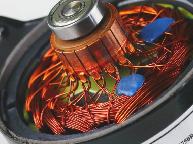 A close-up of the stator of an electric motor, featuring a coil of copper wires and a central bearing. The bright orange copper wires contrast with the metallic silver of the bearings.