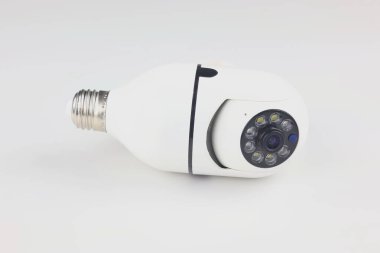 This image shows a white smart bulb-shaped IP camera against a plain white background.