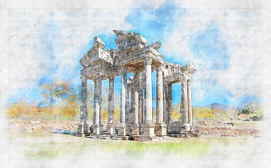 Ancient city of Aphrodisias, watercolor sketch work clipart