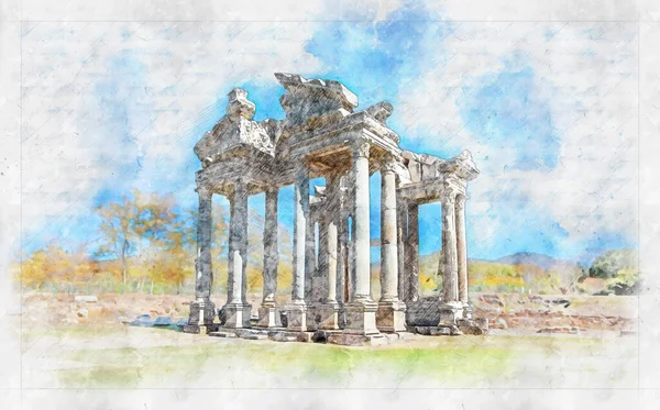Ancient City Aphrodisias Watercolor Sketch Work — Stock Photo, Image