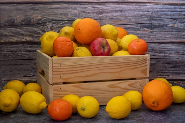 Freshly Picked Lemons Oranges Tangerines Apples Wooden Case — Foto de Stock