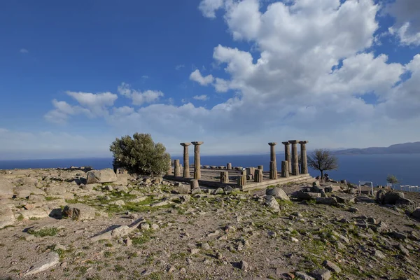 stock image The Temple of Athena ruin in Assos Ancient City. Panoramic view Drone shots. Canakkale, Turkey.