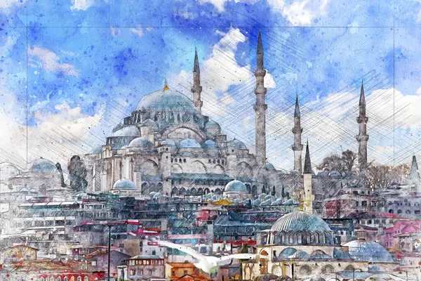 İstanbul - Türkiye 25 Şubat 2021, Fatih ilçesine bağlı Süleyman camii manzarası. Suluboya sanatsal çalışmalar.