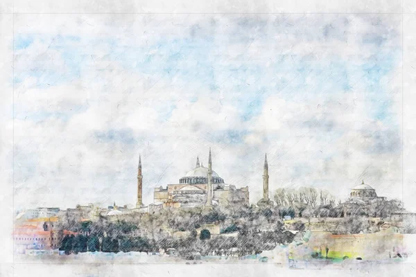 İstanbul - Türkiye 25. 2021 Şubat Ayasofya Camisi. Bizans İmparatoru Justinian. 1453 yılında İstanbul 'un fethinden sonra Fatih Sultan Mehmet tarafından camiye dönüştürüldü. Suluboya sanatsal çalışmalar.