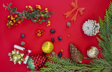 Kırmızı zemin. Mutlu Noeller! Noel hediyesi, süsler, köknar dalları ve koniler..