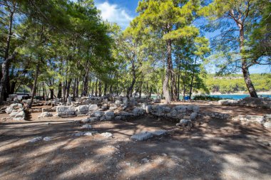 Phaselis Ancient City in Kemer of Antalya. Glorious beaches, calm sea, fab snorkelling and all set within ancient ruins that set the imagination. The charming historical place a the tranquil beach. clipart