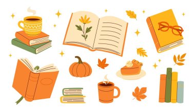Kahve, Turta, Bardaklar ve Sonbahar Edebiyatı, Çalışma ve Konforlu Ev Okuyucu Tasarımı gibi Sonbahar Dekorasyonlarıyla Açık ve Yığılmış Kitaplar