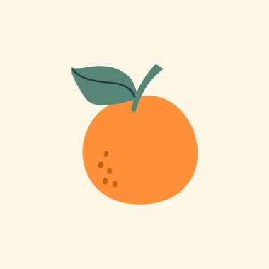 Citrus, Taze Gıda ve Yaz Tasarımı Teması İçin Minimalist ve Temiz Kompozisyon Bej Arkaplan üzerinde izole edilmiş Yeşil Yapraklı Tek Portakal Meyvesi Çizgi Film Stili Vektör İlülasyonu