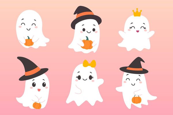 Cute Cartoon Ghosts with Pumpkins and Halloween Accessories on Pink Background for Festive Holiday Decorations and Seasonal Greeting Cards in a Playful and Spooky Style