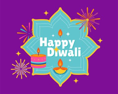 Parlayan gaz lambaları, ışıldayan havai fişekler ve mor zemin üzerindeki şenlikli atmosferle Parlak Diwali karşılaması Işık Festivali tasarımları için mükemmel.