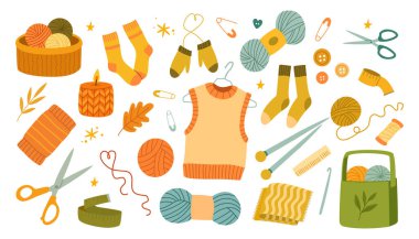 Ilık sonbahar renklerinde iplik, iğne, makas, çorap, eldiven ve el yapımı aksesuarların yer aldığı örgü malzemeleri ve konforlu zanaat malzemelerinin canlı bir çizimi