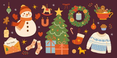 Noel ve Yeni Yıl elementlerinin resmi. Noel süveteri, kakao, zencefilli kurabiye, Noel ağacı çoraplarına mektup, Noel süslemesi ve kış kutlaması için mumlar.