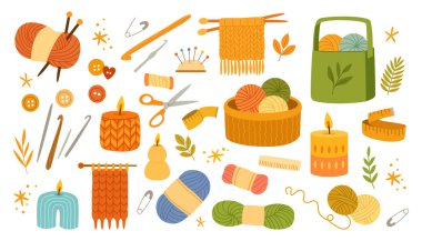 El yapımı DIY hobilerini ve tekstil sanatını temsil eden iplik topları, örgü iğneleri, kanca makasları, iplik mumları ve çeşitli yaratıcı aletleri içeren samimi el sanatları malzemeleri.