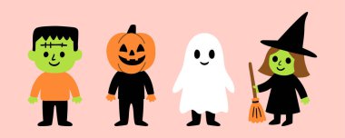 Cadılar Bayramı çocuk kostümleri içinde cadı kabağı hayaleti ve Frankenstein karakterleri gülümseyen ve şakacı mevsimsel illüstrasyonları kutlayan neşeli kıyafetler içindeki şirin çocuklar.