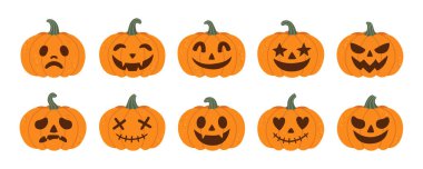 Cadılar Bayramı oyulmuş balkabağı seti. Sonbahar kutlaması dekorasyonu ve mevsimsel yaratıcı tasarım projeleri için ürkütücü komik ifadeleri olan Jack o fener yüzlü.