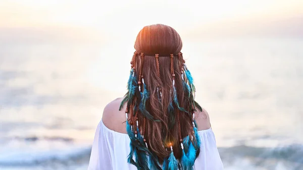 Serene Peaceful Tranquil Boho Hippie Woman Blue Feathers Hair Standing — Stock Photo, Image