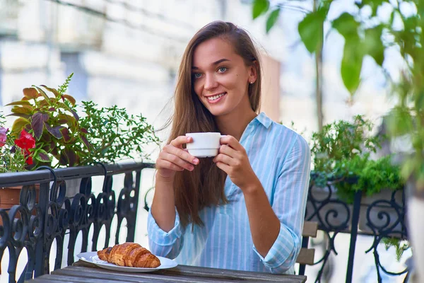 Portrait Beautiful Happy Cute Joyful Smiling Romantic Woman Aromatic Coffee — Stock Photo, Image