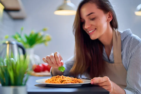 Smiling Cute Happy Young Cooking Woman Chef Prepares Decorates Food — Stock Photo, Image