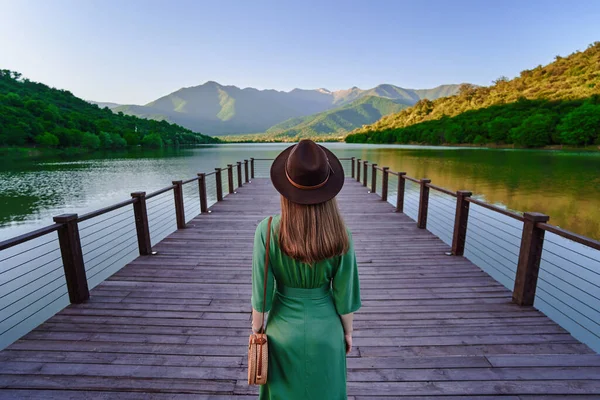 旅行者の女の子だけで桟橋に立って 湖や山を見つめている 美しい自由の瞬間と自然の中で穏やかな平和的な雰囲気 バックビュー — ストック写真