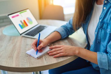 Akıllı, modern bir kadın not defterinde kalemle çizelgeleri alır ve internette çalışmak için dizüstü bilgisayar kullanır, eğitim kursları, evde çalışma alanında webinar ve e-öğrenim programları izler. 