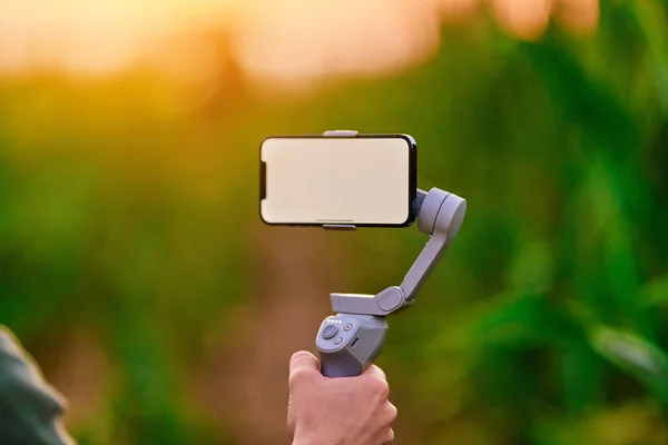 Elektronik Elle Telefon Stabilizatörü Olan Blogcu Beyaz Boş Ekran Modeliyle — Stok fotoğraf