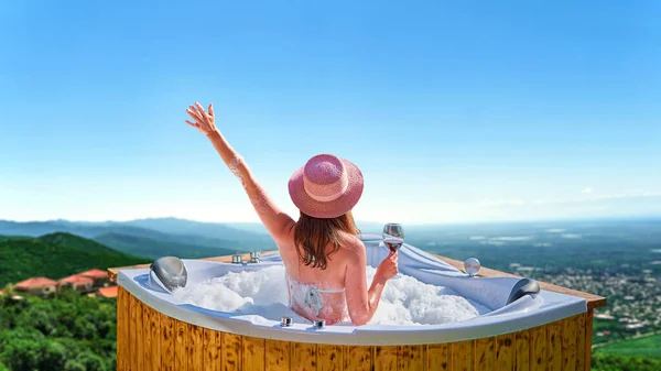 Young Carefree Girl Traveler Relaxing Glass Wine Hot Tube Enjoying Stock Photo