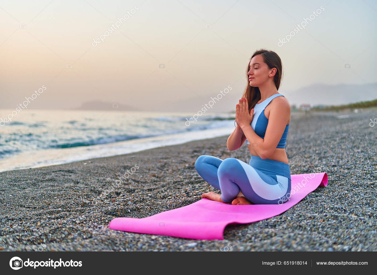 Calm Serene Bliss Satisfied Fitness Woman Doing Yoga Meditation Breathing  Stock Photo by ©goffkein 651918014