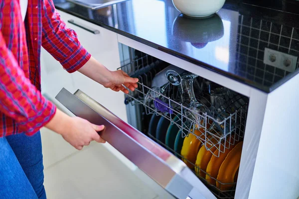 Housewife Woman Using Modern Dishwasher Wash Dishes — Stock Photo, Image
