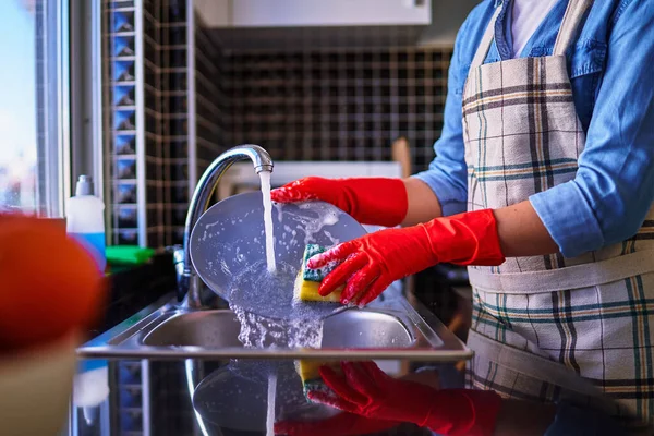 Housewife Wearing Apron Red Protective Rubber Gloves Washing Dishes Home — Stock Photo, Image