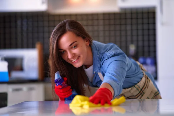 Happy Cute Caucasian Attractive Young Joyful Smiling Housewife Woman Wipes — Stock Photo, Image