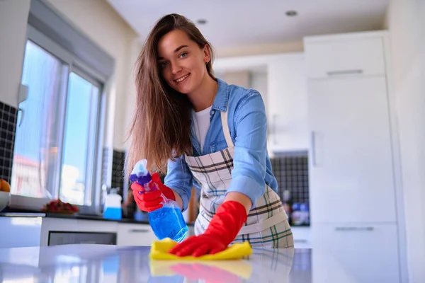 Happy Cute Caucasian Attractive Young Joyful Smiling Housewife Woman Wipes — Stock Photo, Image